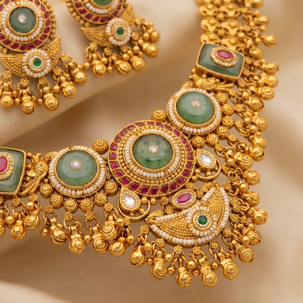 Grand Heritage Antique Gold Choker Necklace Set With Statement Earrings : BV-RJ-RMD-NKLS-2000DA3736