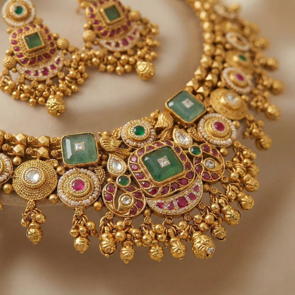 Regal Multistone Antique Gold Necklace Set With Designer Earrings : BV-RJ-RMD-NKLS-2550DJS3698