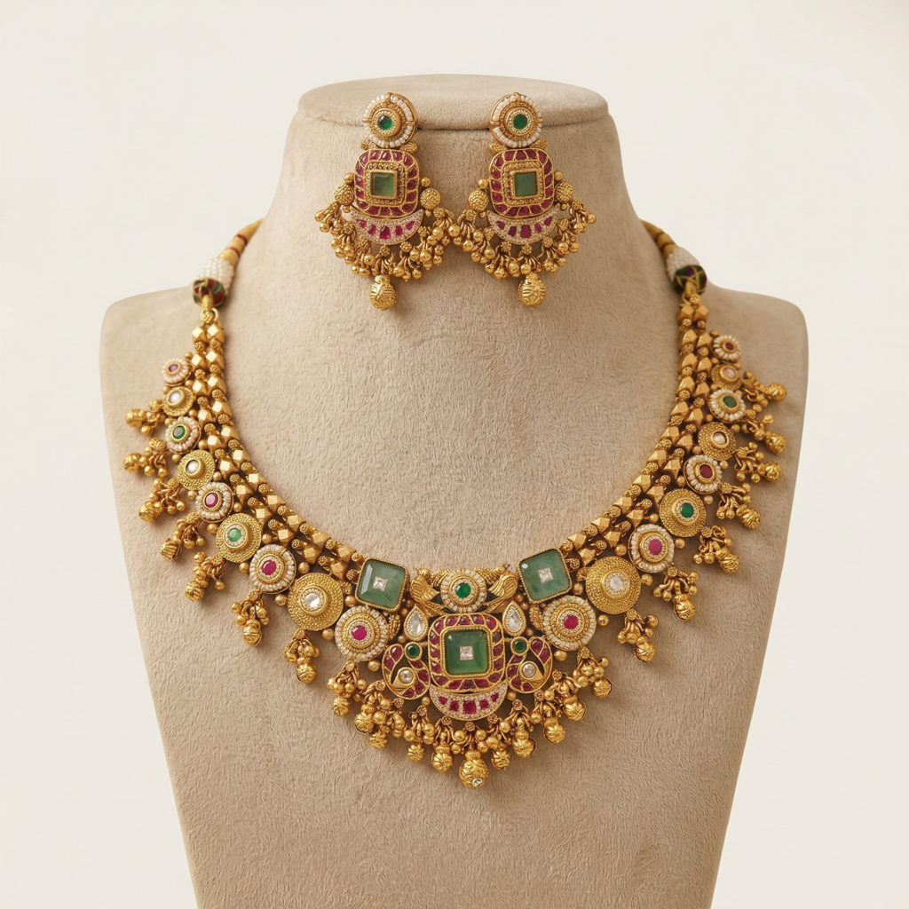 Regal Multistone Antique Gold Necklace Set With Designer Earrings : BV-RJ-RMD-NKLS-2550DJS3698