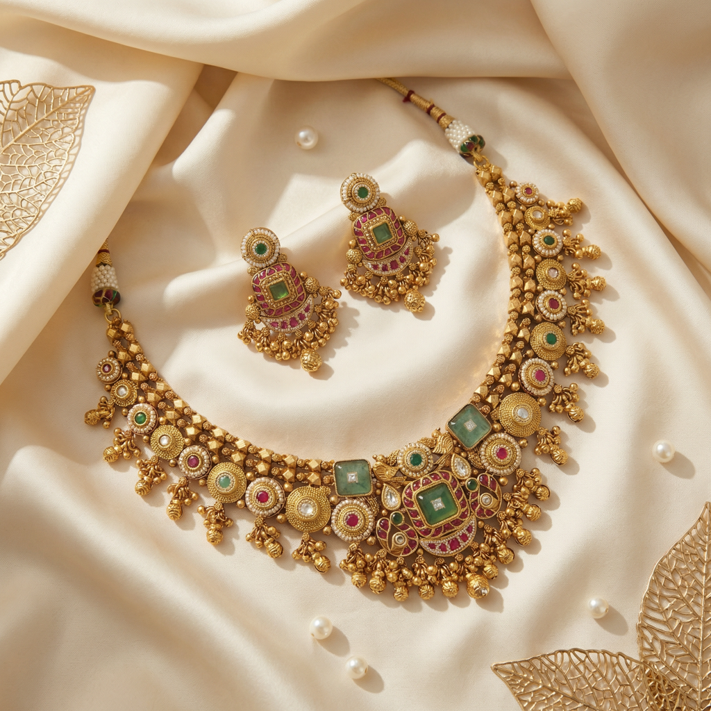 Regal Multistone Antique Gold Necklace Set With Designer Earrings : BV-RJ-RMD-NKLS-2550DJS3698