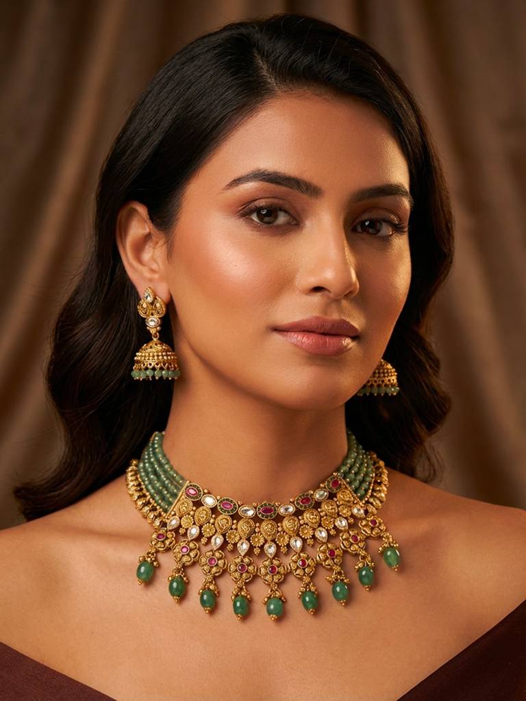 Traditional Gold Plated Kundan & Green Beaded Bridal Necklace Set With Earrings : BV-RMD-RJT-318504-D3195