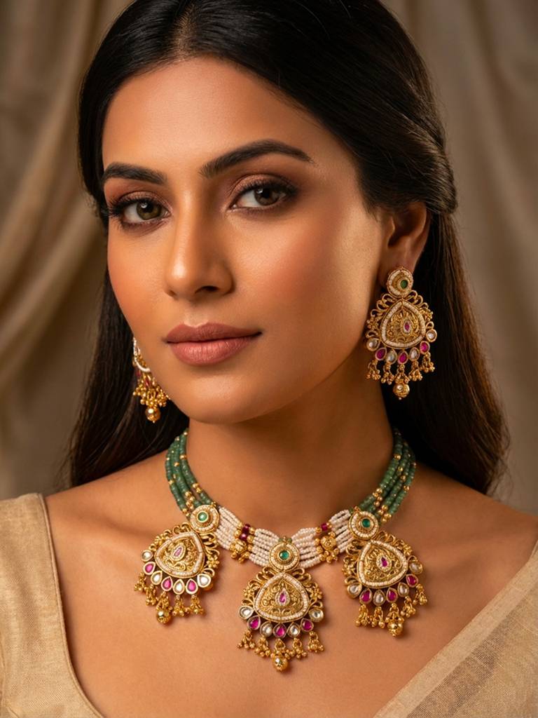 Traditional Kundan & Pearl Green Beaded Necklace Set With Statement Earrings : BV-RMD-RJT-319504-D3184