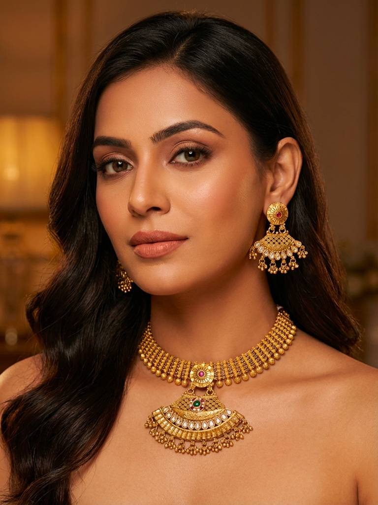 Antique Gold Plated Temple Necklace Set With Statement Pendant & Earrings : BV-RMD-RJT-914508-D3095