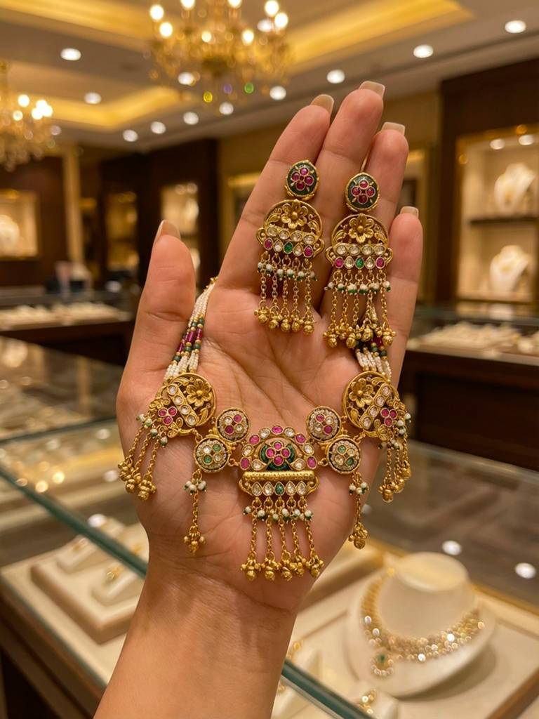 Traditional Multicolor Kundan Beaded Necklace Set With Long Earrings : BV-RMD-RJT-915508-DKL3435