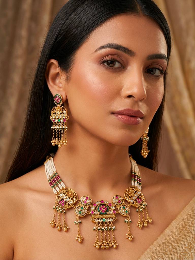 Traditional Multicolor Kundan Beaded Necklace Set With Long Earrings : BV-RMD-RJT-915508-DKL3435