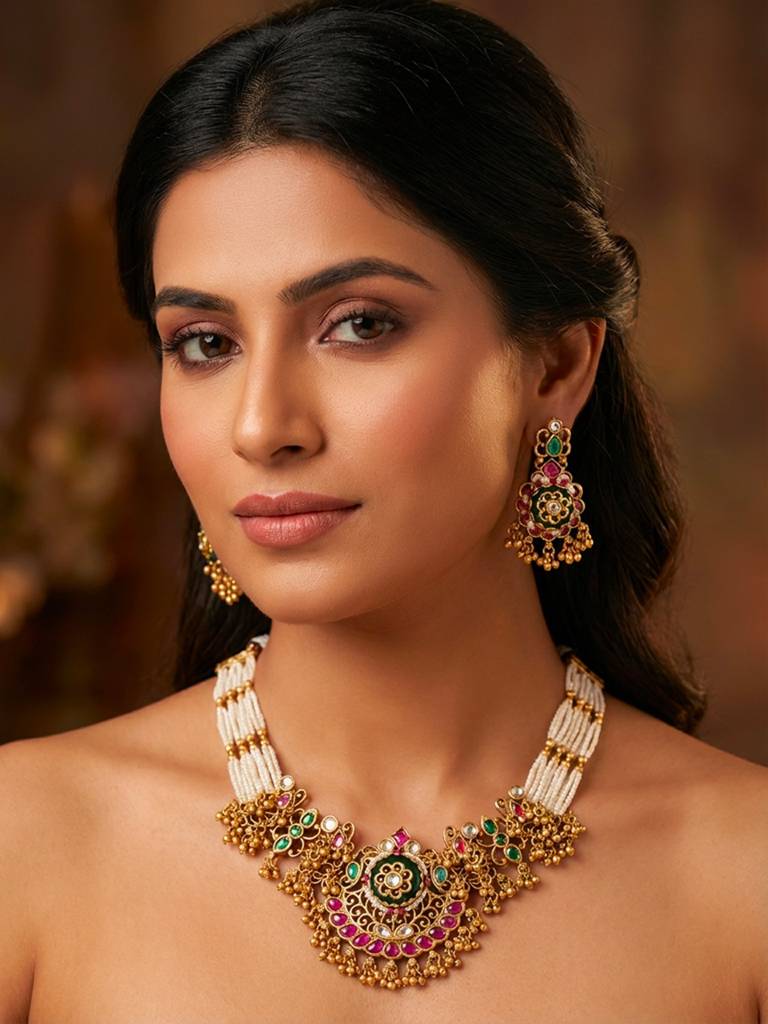 Traditional Multicolor Kundan Pearl Necklace Set With Floral Pendant & Earrings : BV-RMD-RJT-916508-DKL3458