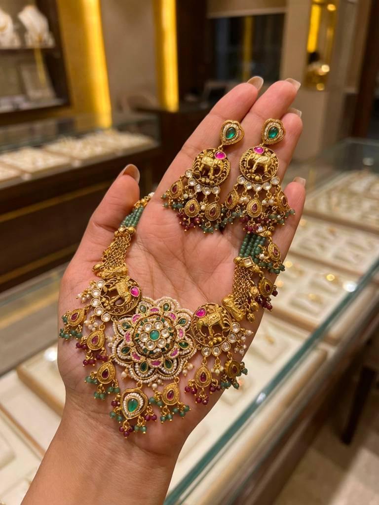 Royal Temple Kundan Necklace Set With Elephant Motifs & Multicolor Beads : BV-RMD-RJT-928007-DKL3391