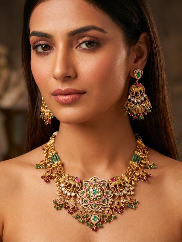 Royal Temple Kundan Necklace Set With Elephant Motifs & Multicolor Beads : BV-RMD-RJT-928007-DKL3391