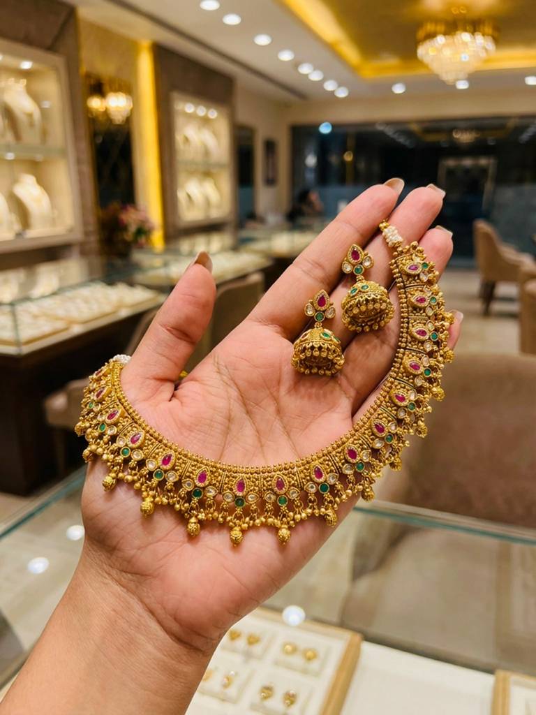 Traditional Gold Plated Kundan Choker Necklace Set With Jhumka Earrings : BV-RMD-RJT-931507-D3249