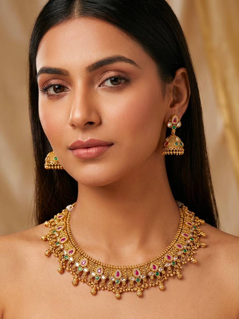 Traditional Gold Plated Kundan Choker Necklace Set With Jhumka Earrings : BV-RMD-RJT-931507-D3249