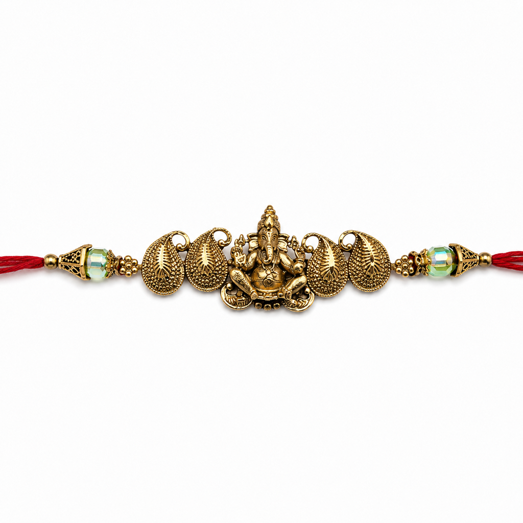 Yellow Antique Gold Lord Ganesha Rakhi For Brother – Traditional Raksha Bandhan Thread Rakhi-11 : BV-SIA-GANESHA-11
