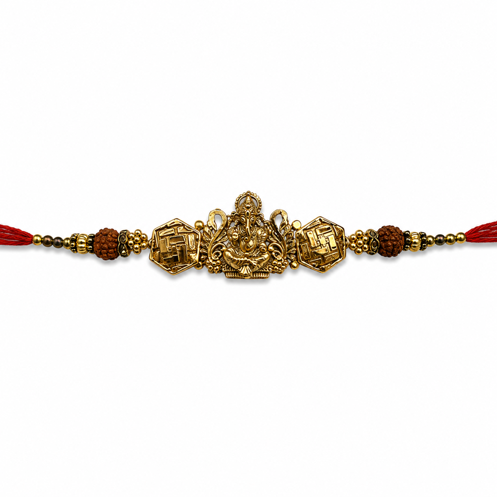 Yellow Antique Gold Lord Ganesha Rakhi For Brother – Traditional Raksha Bandhan Thread Rakhi-12 : BV-SIA-GANESHA-12