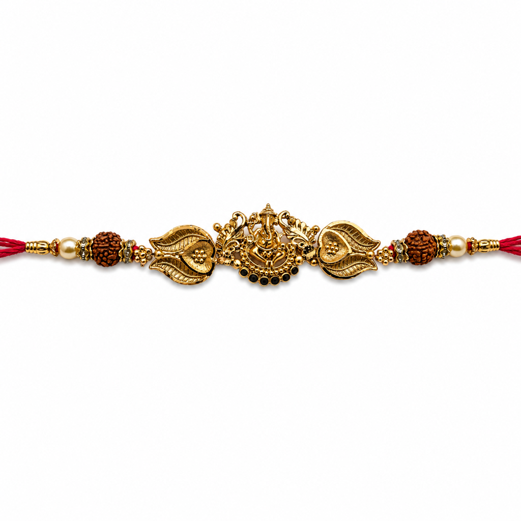 Yellow Antique Gold Lord Ganesha Rakhi For Brother – Traditional Raksha Bandhan Thread Rakhi-13 : BV-SIA-GANESHA-13