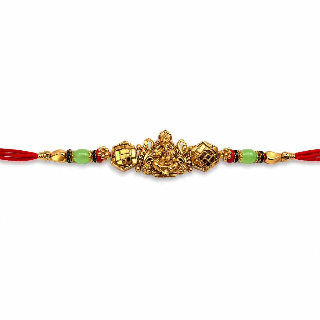 Yellow Antique Gold Lord Ganesha Rakhi For Brother – Traditional Raksha Bandhan Thread Rakhi-17 : BV-SIA-GANESHA-17