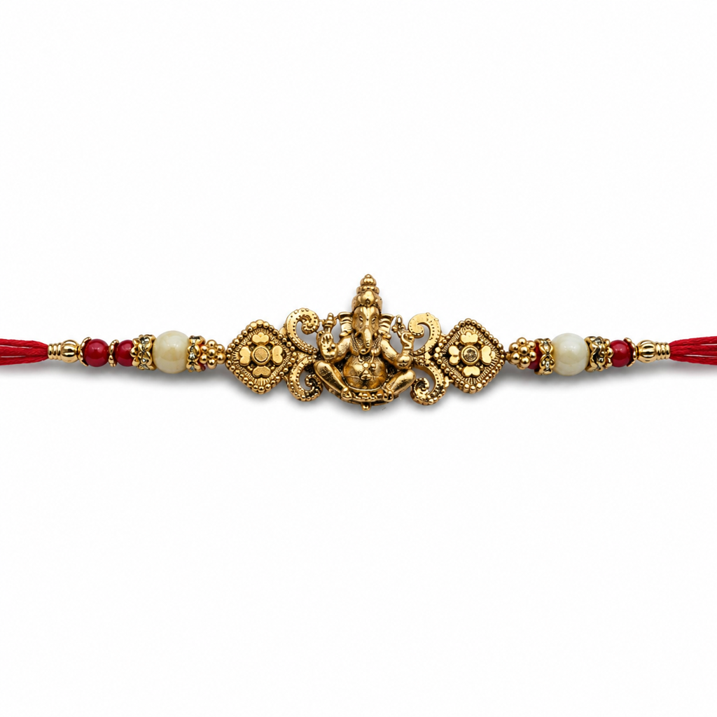 Yellow Antique Gold Lord Ganesha Rakhi For Brother – Traditional Raksha Bandhan Thread Rakhi-19 : BV-SIA-GANESHA-19
