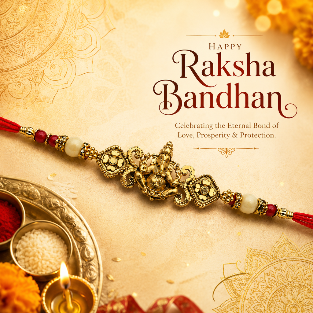 Yellow Antique Gold Lord Ganesha Rakhi For Brother – Traditional Raksha Bandhan Thread Rakhi-19 : BV-SIA-GANESHA-19