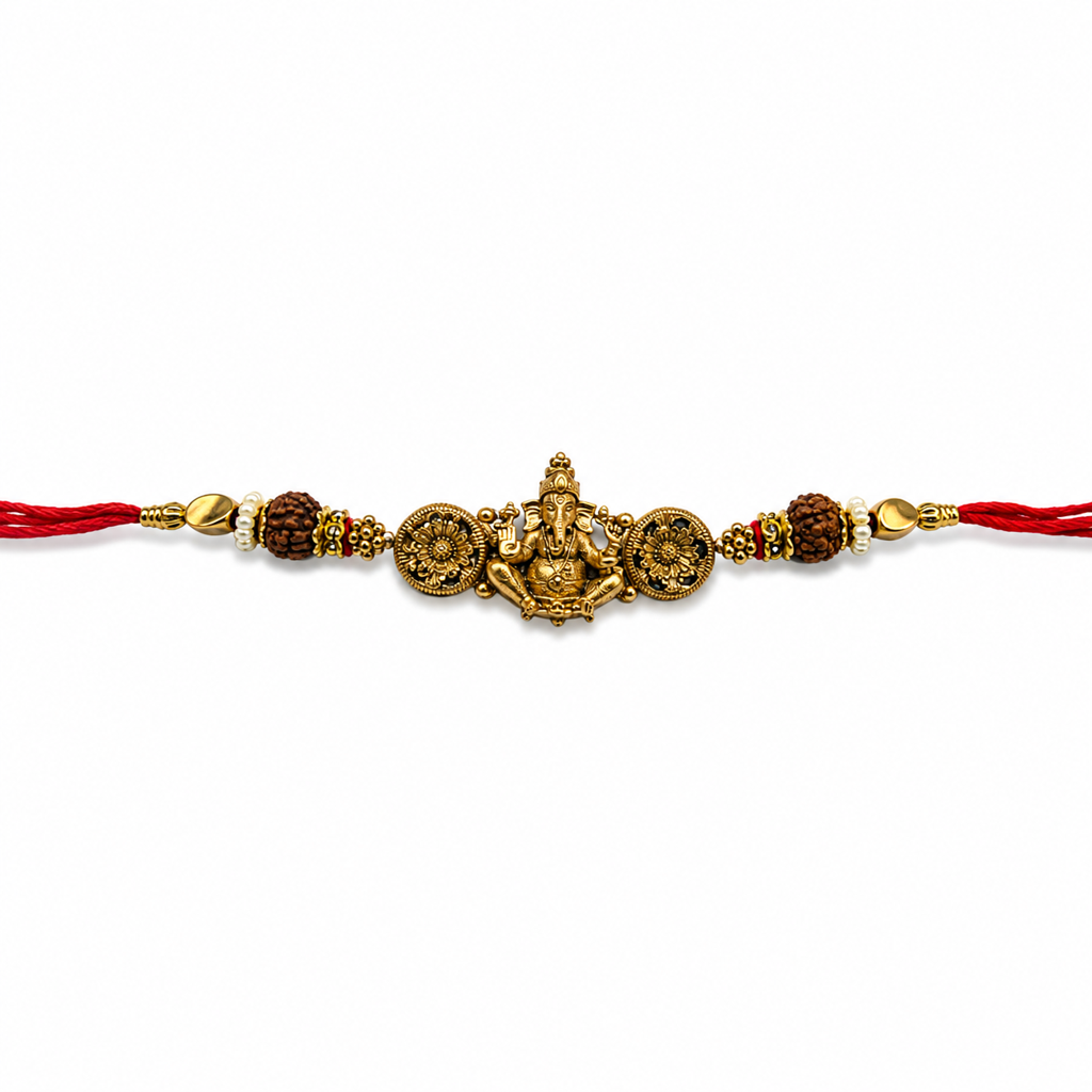 Yellow Antique Gold Lord Ganesha Rakhi For Brother – Traditional Raksha Bandhan Thread Rakhi-20 : BV-SIA-GANESHA-20
