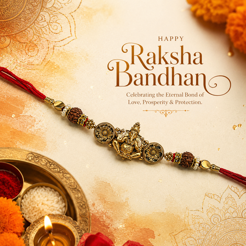 Yellow Antique Gold Lord Ganesha Rakhi For Brother – Traditional Raksha Bandhan Thread Rakhi-20 : BV-SIA-GANESHA-20