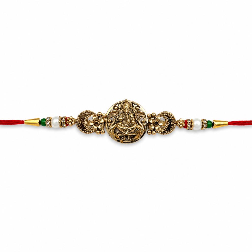 Yellow Antique Gold Lord Ganesha Rakhi For Brother – Traditional Raksha Bandhan Thread Rakhi-21 : BV-SIA-GANESHA-21