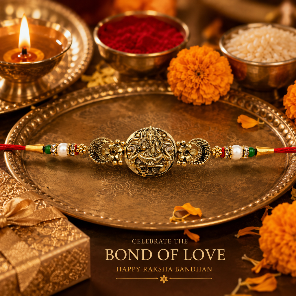 Yellow Antique Gold Lord Ganesha Rakhi For Brother – Traditional Raksha Bandhan Thread Rakhi-21 : BV-SIA-GANESHA-21