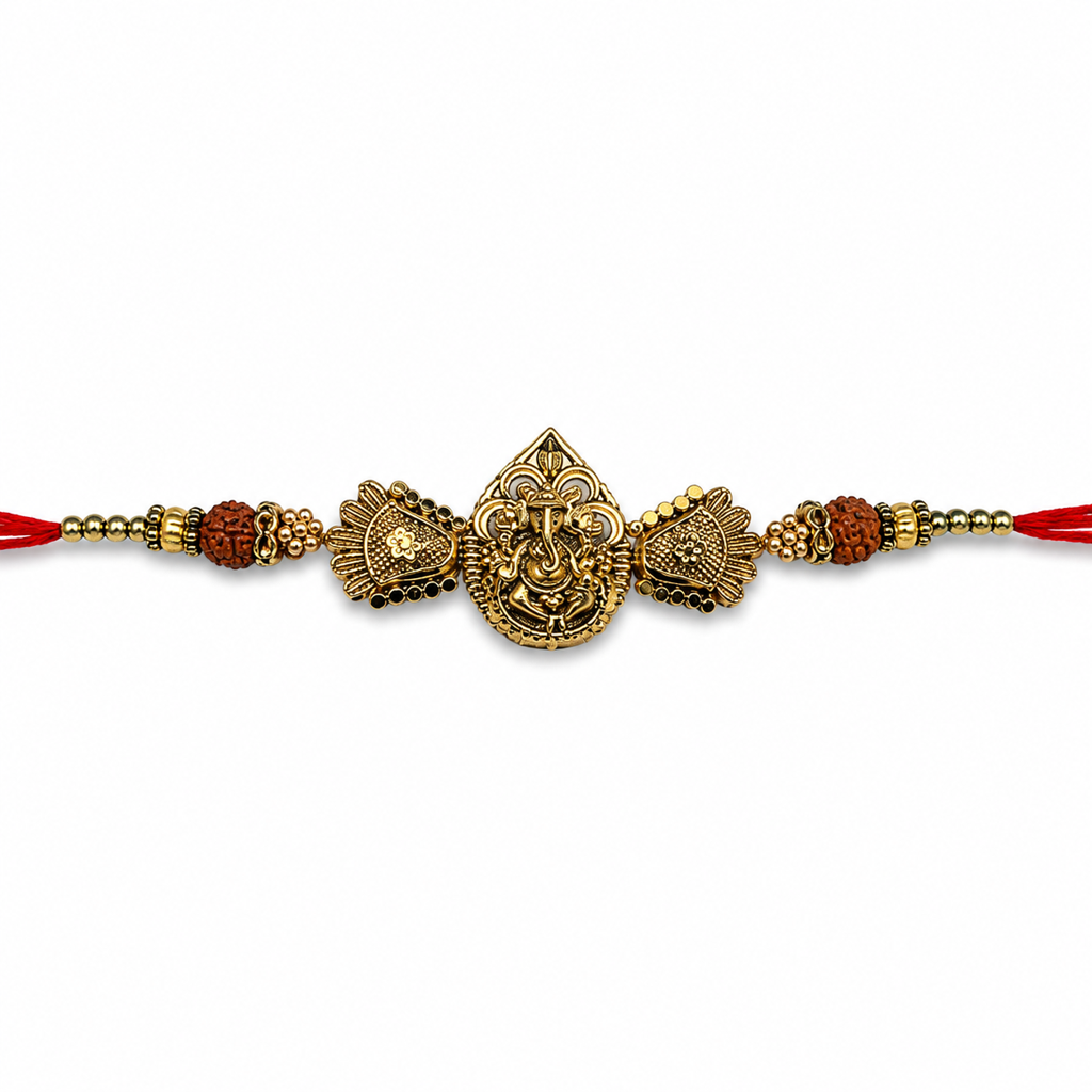 Yellow Antique Gold Lord Ganesha Rakhi For Brother – Traditional Raksha Bandhan Thread Rakhi-24 : BV-SIA-GANESHA-24