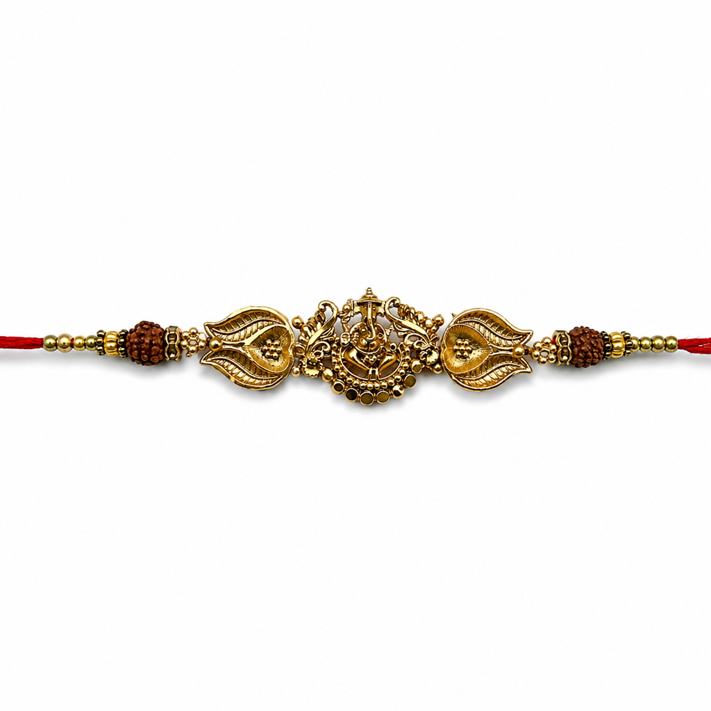 Yellow Antique Gold Lord Ganesha Rakhi For Brother – Traditional Raksha Bandhan Thread Rakhi-25 : BV-SIA-GANESHA-25