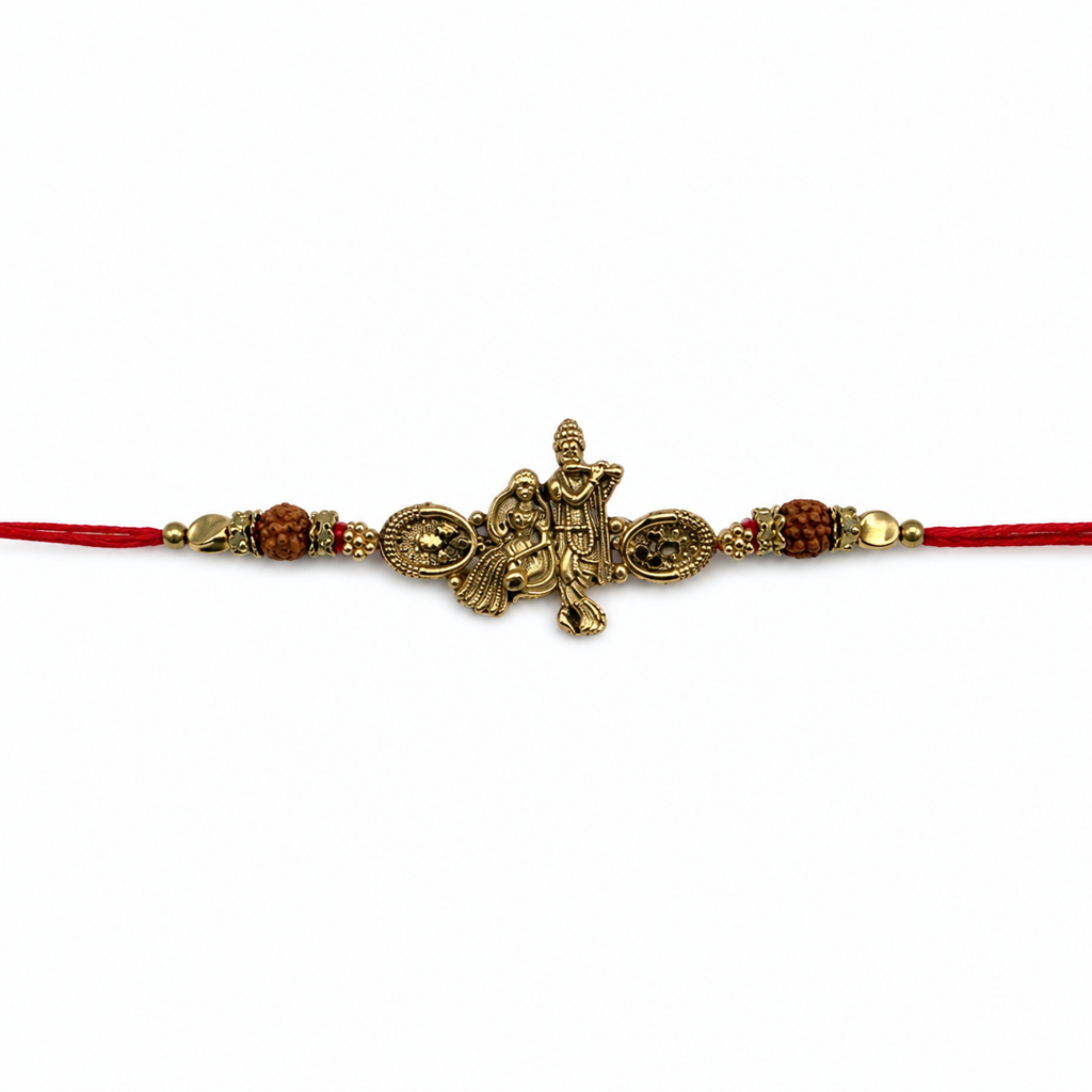 Yellow Antique Gold Radha Krishna Rakhi For Brother – Traditional Raksha Bandhan Thread Rakhi-1 : BV-SIA-RADHA-KRISHNA-01