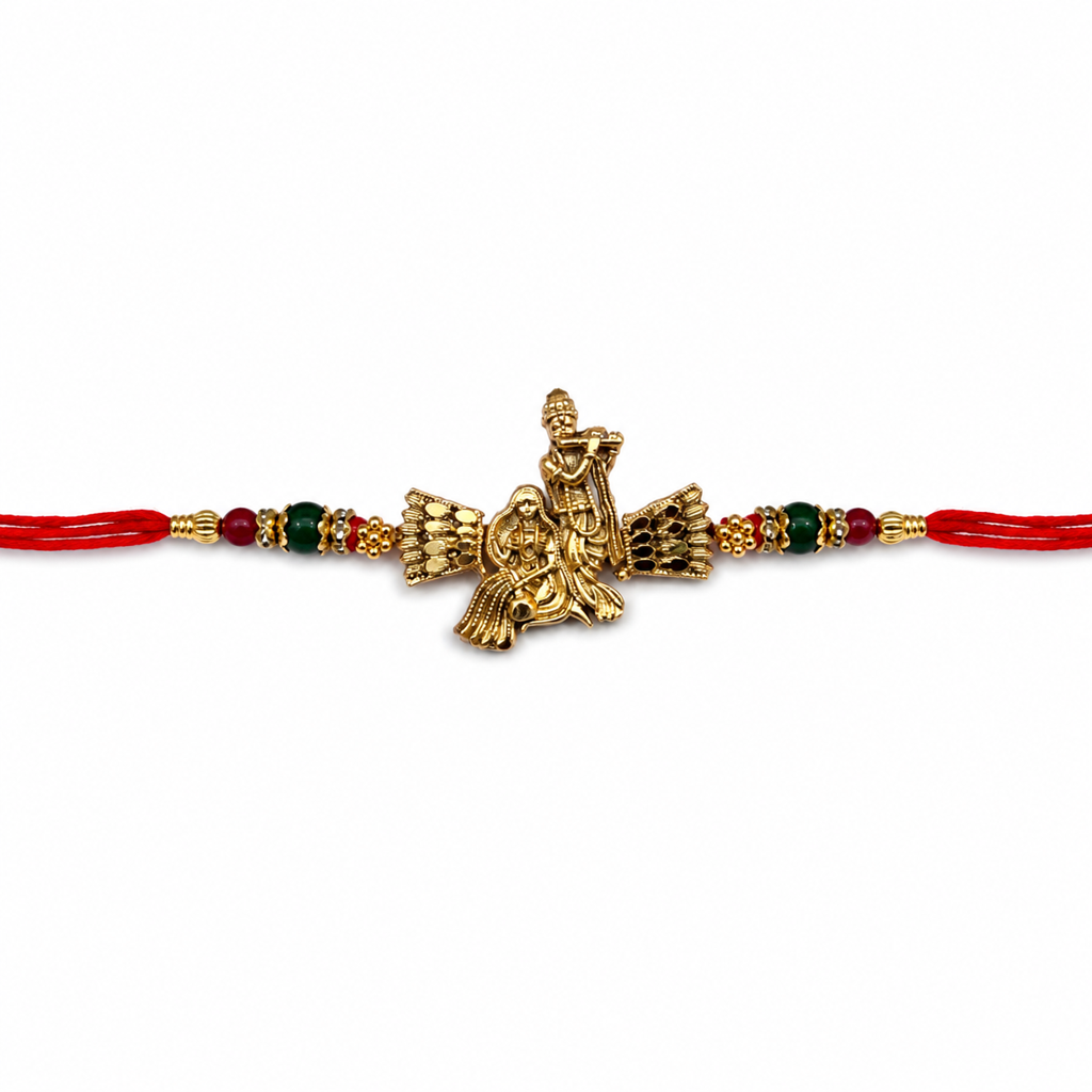 Yellow Antique Gold Radha Krishna Rakhi For Brother – Traditional Raksha Bandhan Thread Rakhi-2 : BV-SIA-RADHA-KRISHNA-02