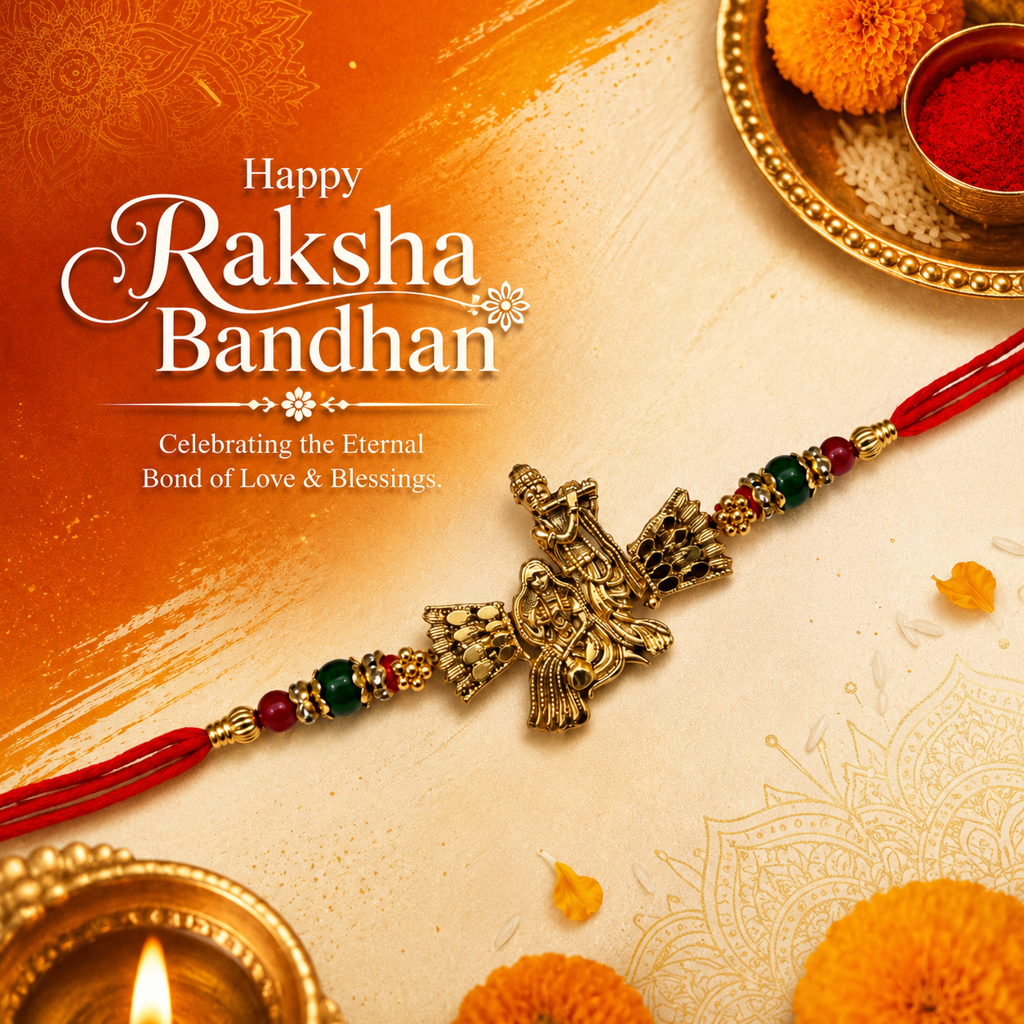 Yellow Antique Gold Radha Krishna Rakhi For Brother – Traditional Raksha Bandhan Thread Rakhi-2 : BV-SIA-RADHA-KRISHNA-02