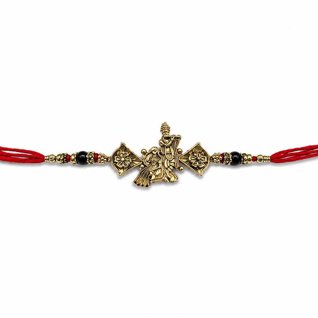 Yellow Antique Gold Radha Krishna Rakhi For Brother – Traditional Raksha Bandhan Thread Rakhi-4 : BV-SIA-RADHA-KRISHNA-04