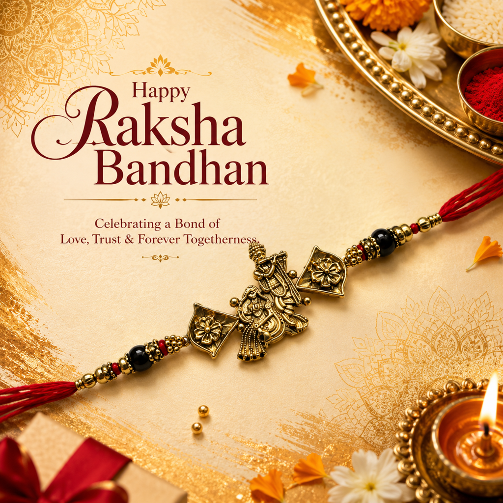 Yellow Antique Gold Radha Krishna Rakhi For Brother – Traditional Raksha Bandhan Thread Rakhi-4 : BV-SIA-RADHA-KRISHNA-04