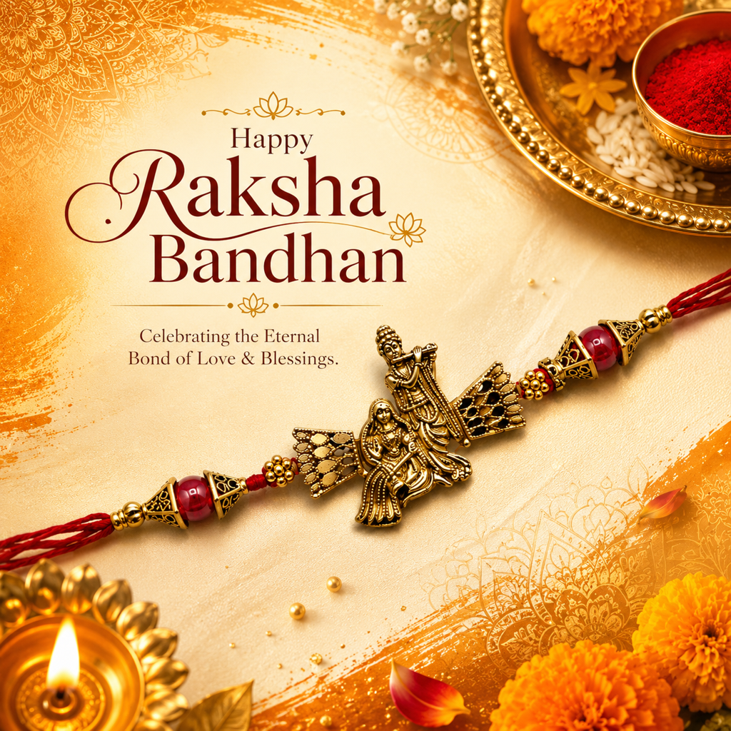 Yellow Antique Gold Radha Krishna Rakhi For Brother – Traditional Raksha Bandhan Thread Rakhi-6 : BV-SIA-RADHA-KRISHNA-06