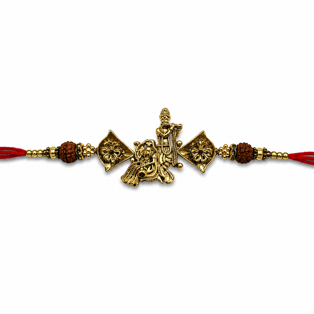 Yellow Antique Gold Radha Krishna Rakhi For Brother – Traditional Raksha Bandhan Thread Rakhi-8 : BV-SIA-RADHA-KRISHNA-08