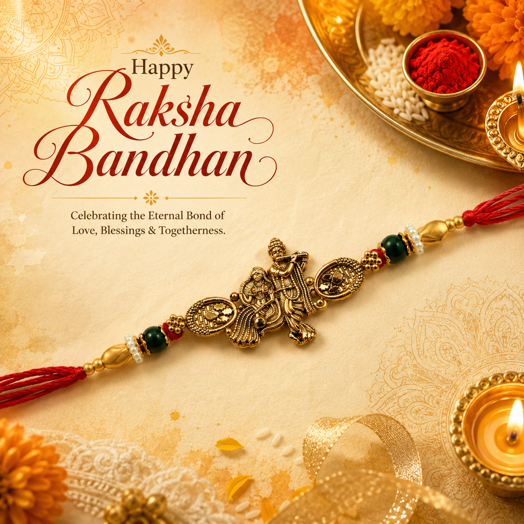 Yellow Antique Gold Radha Krishna Rakhi For Brother – Traditional Raksha Bandhan Thread Rakhi-9 : BV-SIA-RADHA-KRISHNA-09