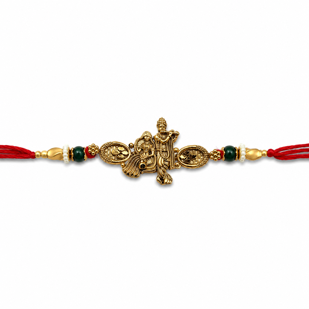 Yellow Antique Gold Radha Krishna Rakhi For Brother – Traditional Raksha Bandhan Thread Rakhi-10 : BV-SIA-RADHA-KRISHNA-10