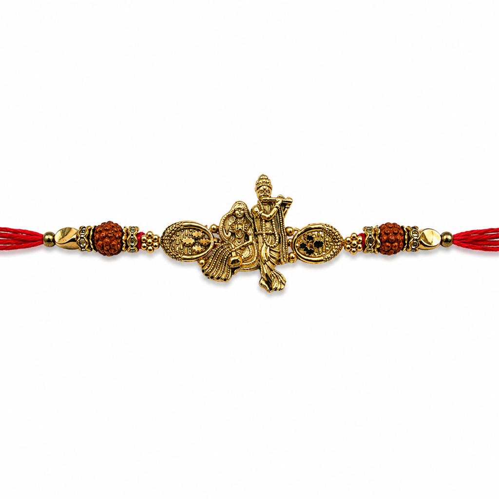Yellow Antique Gold Radha Krishna Rakhi For Brother – Traditional Raksha Bandhan Thread Rakhi-15 : BV-SIA-RADHA-KRISHNA-15