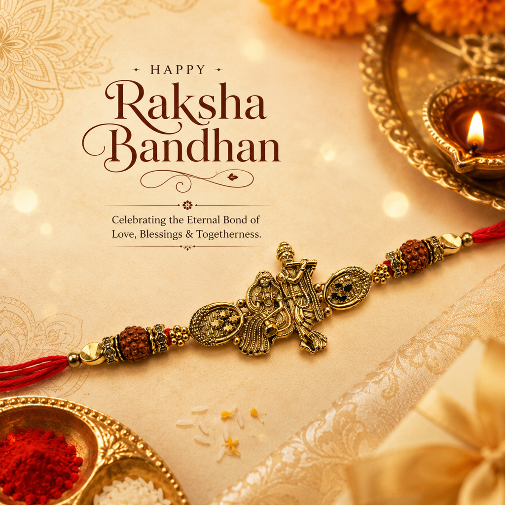 Yellow Antique Gold Radha Krishna Rakhi For Brother – Traditional Raksha Bandhan Thread Rakhi-15 : BV-SIA-RADHA-KRISHNA-15