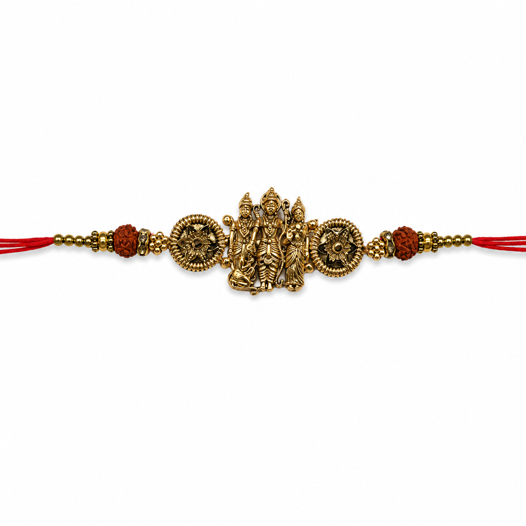 Yellow Antique Gold Ram Darbar Rakhi For Brother – Traditional Raksha Bandhan Thread Rakhi : BV-SIA-RAM-DARBAR-26