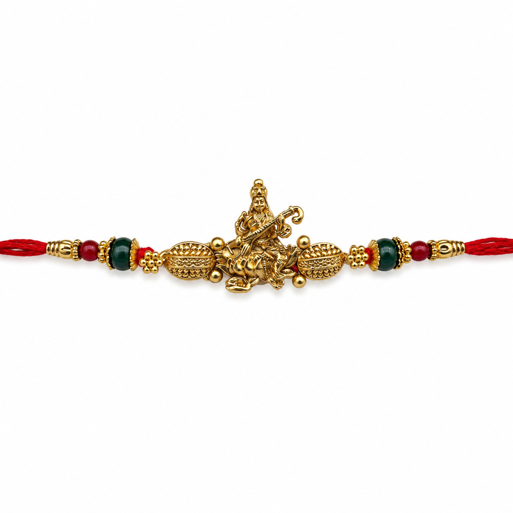 Yellow Antique Gold Goddess Saraswati Rakhi For Brother – Traditional Raksha Bandhan Thread Rakhi : BV-SIA-SARASWATI-30