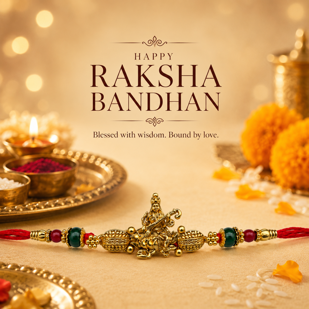 Yellow Antique Gold Goddess Saraswati Rakhi For Brother – Traditional Raksha Bandhan Thread Rakhi : BV-SIA-SARASWATI-30