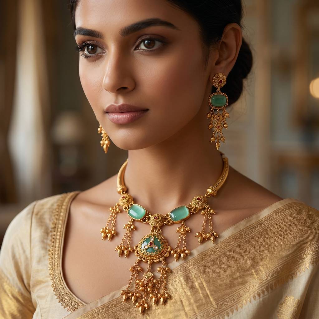 Antique Gold Mint Green Chandrika Tassel Necklace Set : BV-SIRJ-MB-AG-MG-CTN