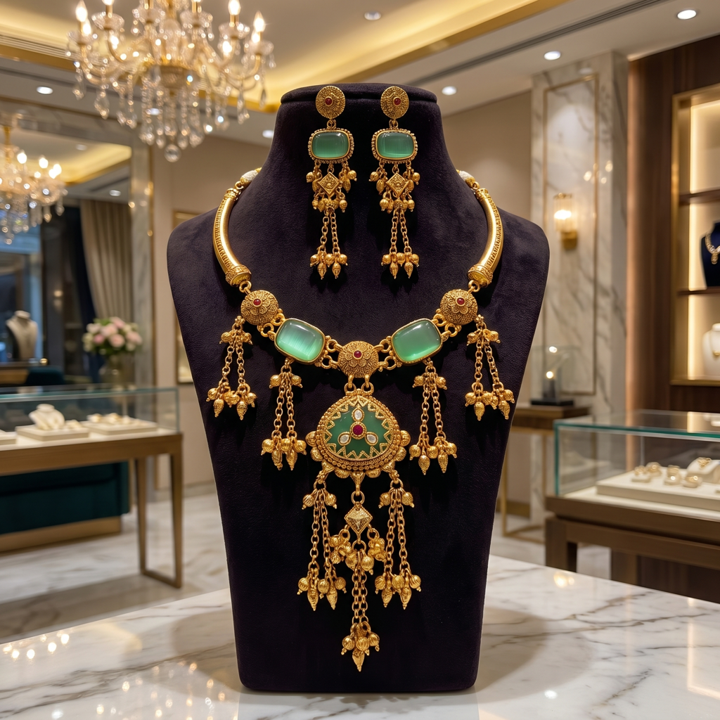 Antique Gold Mint Green Chandrika Tassel Necklace Set : BV-SIRJ-MB-AG-MG-CTN