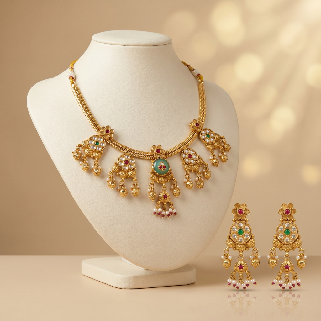 Antique Gold Mint Green Kundan Tassel Necklace Set : BV-SIRJ-MB-AG-MG-KTN
