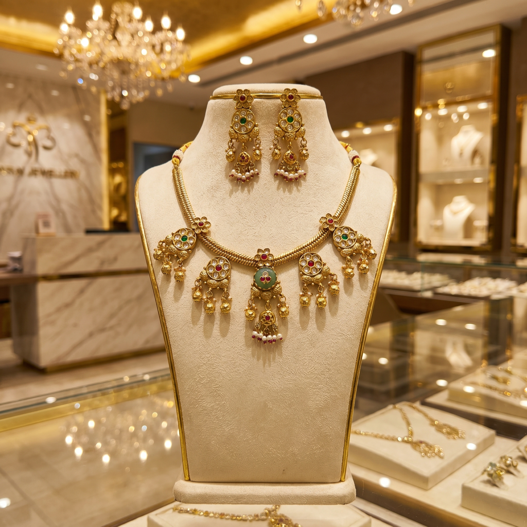 Antique Gold Mint Green Kundan Tassel Necklace Set : BV-SIRJ-MB-AG-MG-KTN