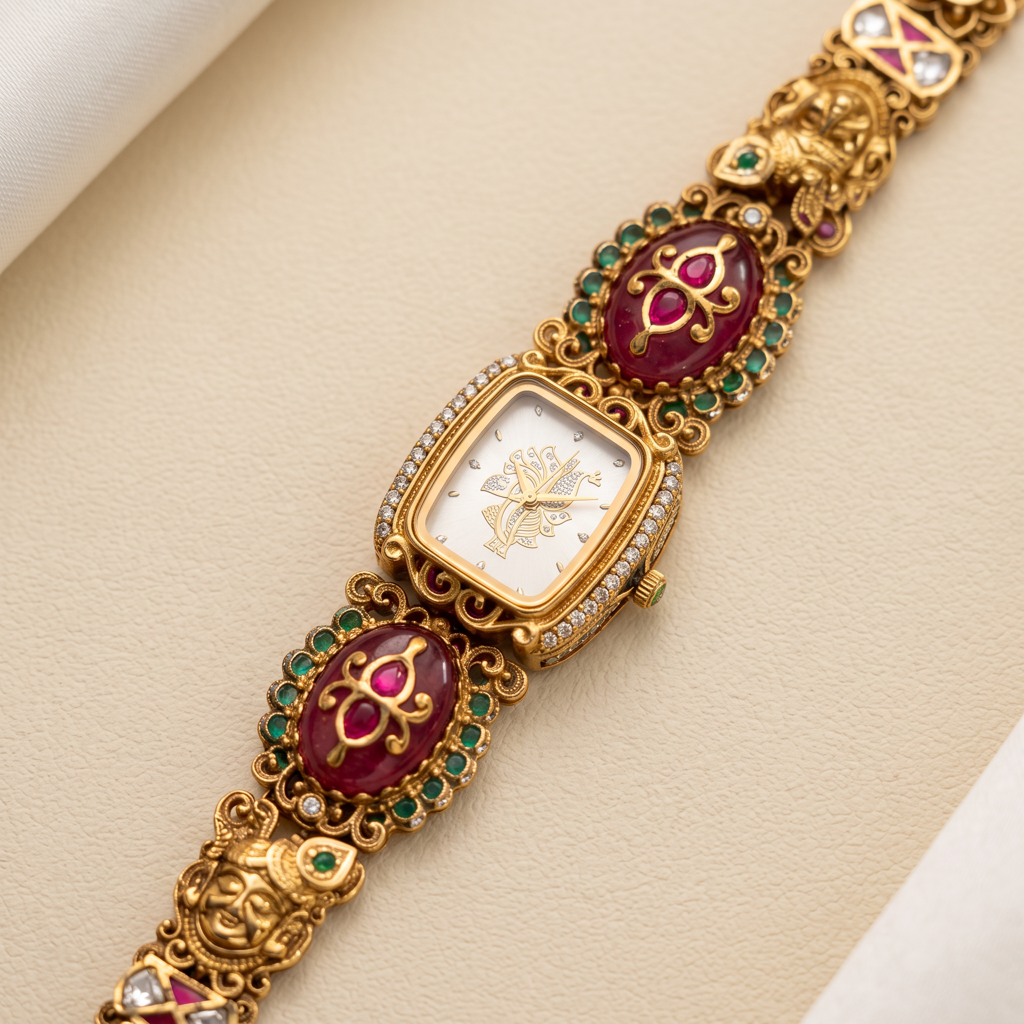 Antique Gold Peacock Dial Cz Ruby Cabochon Emerald Temple Bracelet Watch For Women & Girls | Stylish Watch |  : BV-SJ-MH-SR-16