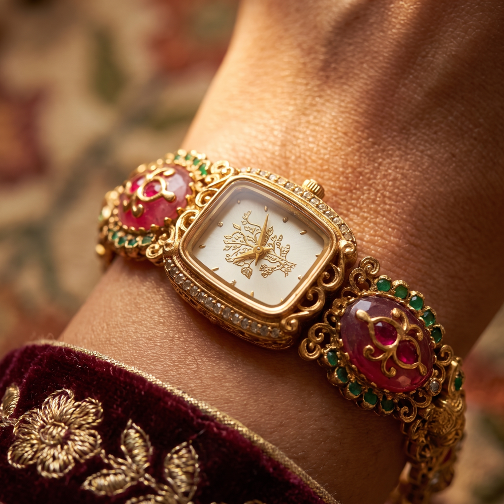 Antique Gold Peacock Dial Cz Ruby Cabochon Emerald Temple Bracelet Watch For Women & Girls | Stylish Watch |  : BV-SJ-MH-SR-16