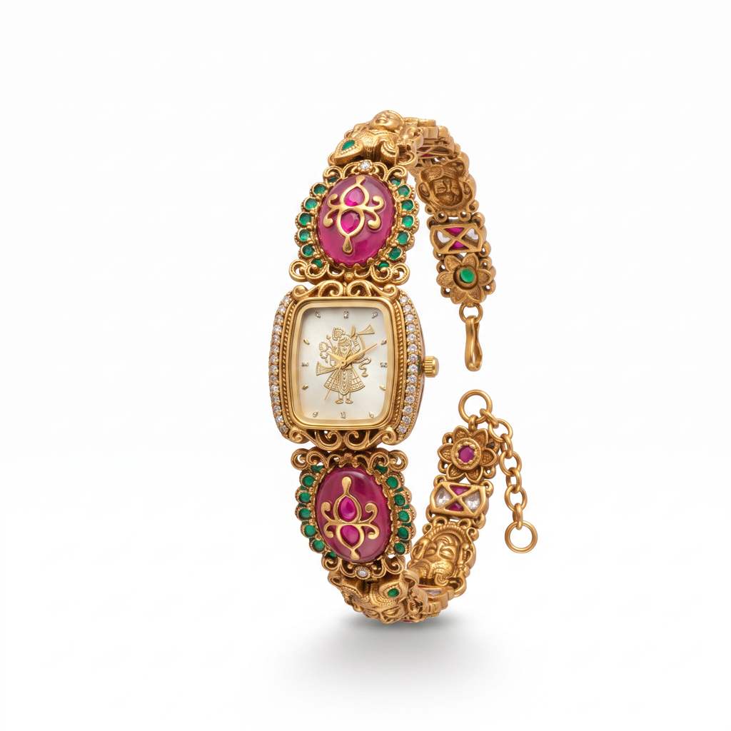Antique Gold Peacock Dial Cz Ruby Cabochon Emerald Temple Bracelet Watch For Women & Girls | Stylish Watch |  : BV-SJ-MH-SR-16