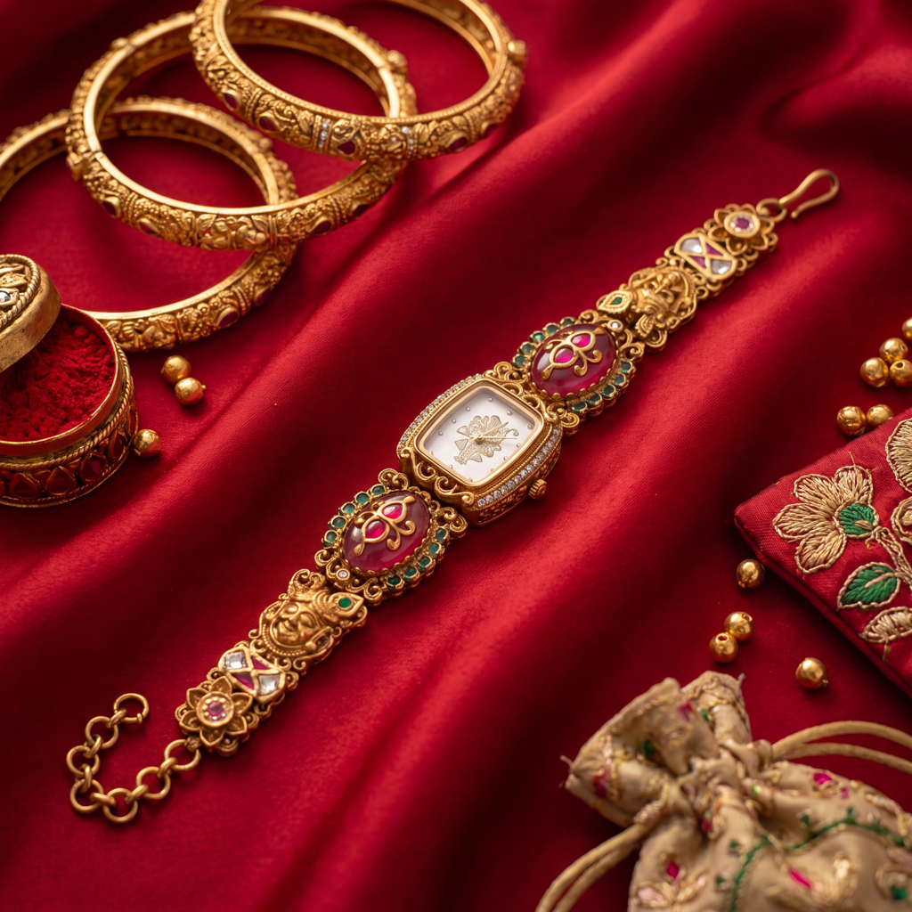 Antique Gold Peacock Dial Cz Ruby Cabochon Emerald Temple Bracelet Watch For Women & Girls | Stylish Watch |  : BV-SJ-MH-SR-16