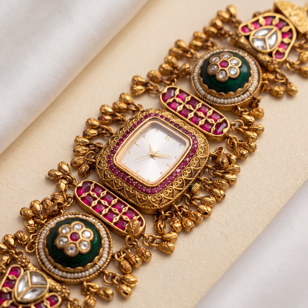 Antique Gold White Dial Ruby Bezel Green Cabochon Ghungroo Bracelet Watch For Women & Girls | Stylish Watch | : BV-SJ-MH-SR-24