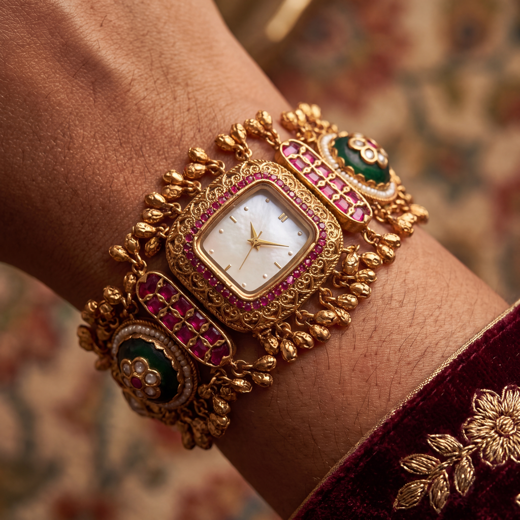 Antique Gold White Dial Ruby Bezel Green Cabochon Ghungroo Bracelet Watch For Women & Girls | Stylish Watch | : BV-SJ-MH-SR-24
